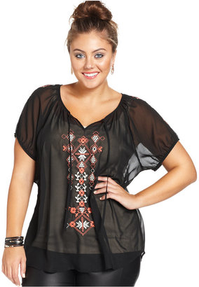 Eyeshadow Plus Size Short-Sleeve Embroidered Peasant Top