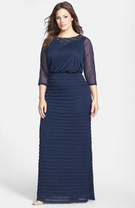 Adrianna Papell Embellished Sheer Sleeve Shutter Pleat Gown (Plus Size)