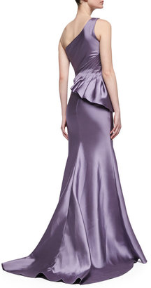 Badgley Mischka One-Shoulder Seamed Side Peplum Gown, Lilac-