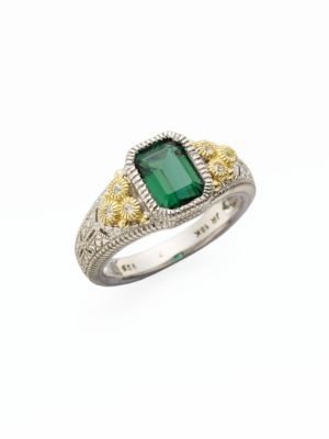 Judith Ripka Estate Green Quartz, White Sapphire & Sterling Silver Cushion Ring