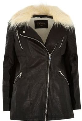 River Island Black leather-look long biker jacket