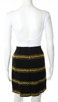 Pas Pour Toi NWT Black Silk Crepe Gold Embroidered Knee Length Skirt Sz 42 $680