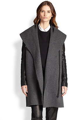 Vince Leather-Sleeved Shawl-Collar Coat