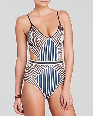 Clover Canyon Striped Labyrinth Neoprene One Piece Swimsuit