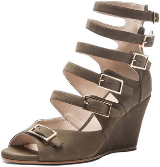 Chloé Calfskin Leather Belted Wedges in Military Green