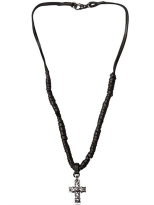 Emanuele Bicocchi Woven Leather & Silver Cross Necklace