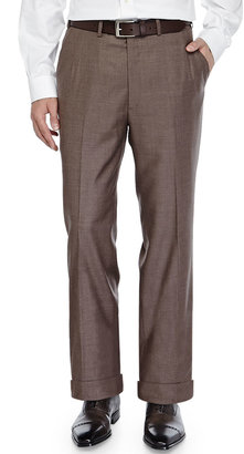 Brioni Twill Flat-Front Trousers, Brown