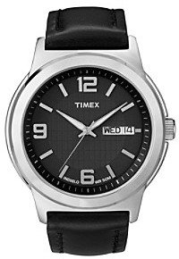 Timex Men's Black Dial with Date Window, Black Leather Strap