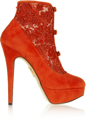 Charlotte Olympia Colombina embellished suede and mesh ankle boots