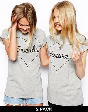 ASOS Boyfriend T-Shirt with Friends Forever Print 2 Pack SAVE 11% - Grey/grey