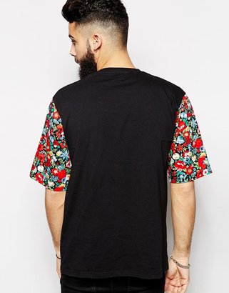 Reclaimed Vintage Longline T-Shirt With Floral Mid Length Sleeve