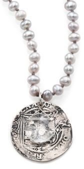 Chan Luu 4MM White Pearl, Clear Quartz & Sterling Silver Coin Pendant Necklace
