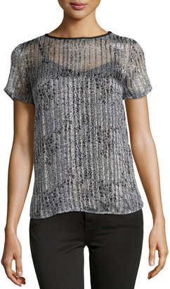 Ella Moss Spotted Shimmer-Striped Blouse, Gray