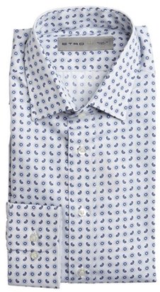 Etro white and blue cotton paisley print spread collar dress shirt