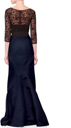 Carolina Herrera Lace-Top Taffeta Gown, Black/Ultramarine