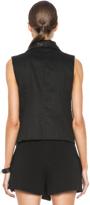 Vince Asymmetric Leather Linen-Blend Vest in Black