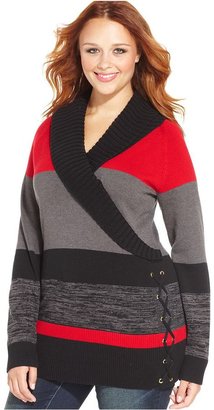 Style&Co. Plus Size Shawl-Collar Striped Lace-Up Sweater