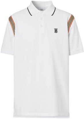 Burberry Icon Stripe Trim Monogram Motif Cotton Polo Shirt