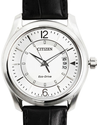 Citizen Quartz Watch Silver Face Black Leather Strap