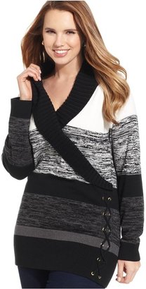 Style&Co. Plus Size Shawl-Collar Striped Lace-Up Sweater