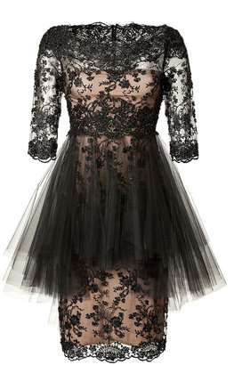 Marchesa Crystal Embroidered Silk Lace Dress in Black