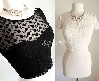 Forever 21 NEW Cream Or Black Lace Sheer Yoke Sweetheart CUTE Cropped Knit Top