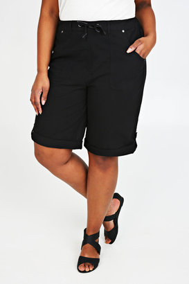Yours Clothing Black Cool Cotton Roll Up Shorts With Tab & Button Detail