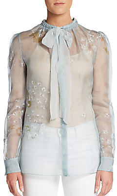 Valentino Floral Print Silk-Gauze Bow Blouse