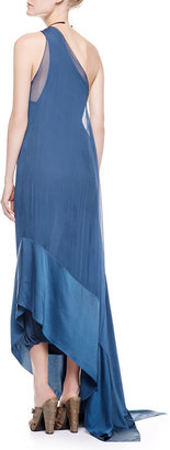 Donna Karan Double Layer One-Shoulder Gown, Indigo