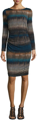Badgley Mischka Long-Sleeve Print Dress with Ruching