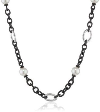 Majorica 10 mm Pearls Single Row Black and Silver Chain Necklace, 17"