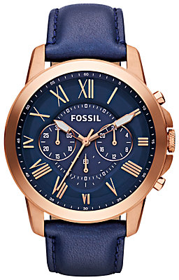 Fossil FS4835 Men's Grant Chronograph Leather Strap Watch, Navy