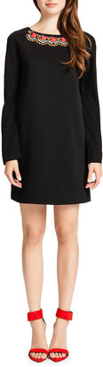 Cynthia Steffe Jersey Long-Sleeve Shift Dress with Embellished Neck, Black/Multicolor