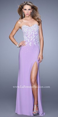 La Femme Beaded Contrast Lace Applique Prom Dress
