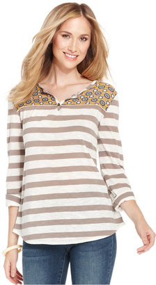 Style&Co. Striped Mixed-Print Henley Top