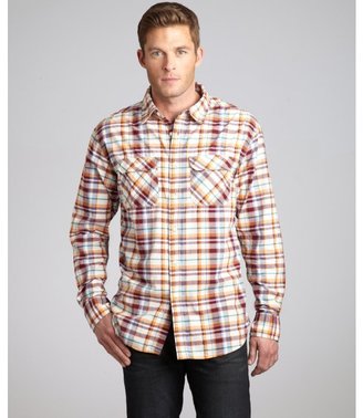 Just A Cheap Shirt burgundy and orange plaid cotton button front shirt
