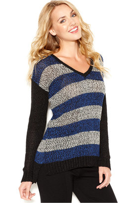 Kensie Long-Sleeve V-Neck Striped Sweater
