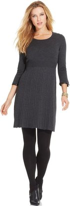 Spense Petite Pleather-Trim Pleated A-Line Sweater Dress