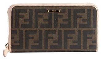 Fendi brown and petal pink zucca canvas leather accent zipper continental wallet