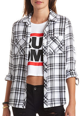 Charlotte Russe Long Sleeve Plaid Button-Up Top