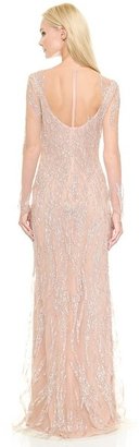 Reem Acra Embroidered Illusion Swirl Gown