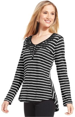 Style&Co. Striped Crochet High-Low Top