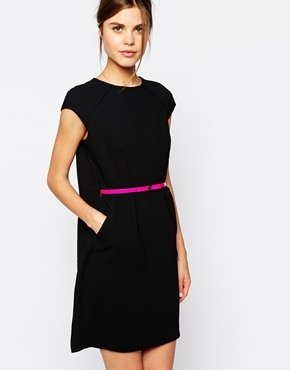 Ted Baker Dress with Pleated Cape Detail and Pink Belt - Black