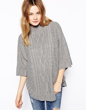 B.young Poncho Jumper With Cable Knit Front - darkgreymelange