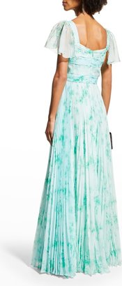 Theia Alani Pleated Flutter-Sleeve Gown