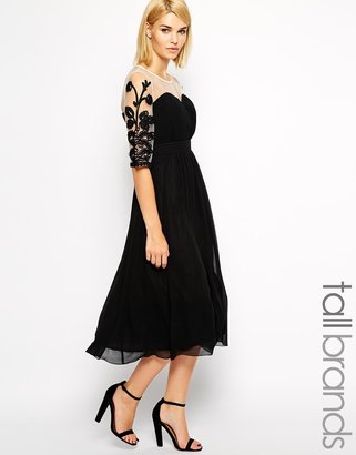 Little Mistress Tall Midi Dress With Embroidered Sleeves - Black