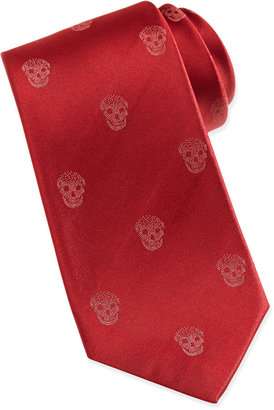 Alexander McQueen Skull-Print Silk Tie, Red