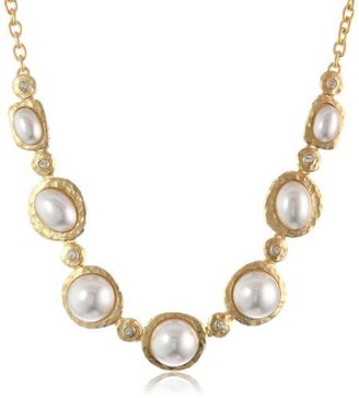 Kenneth Jay Lane Satin Gold, Crystal and White Pearl Necklace, 19"