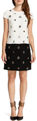 Cynthia Steffe Tori Cap-Sleeve Contrast Embellished-Front Dress, Cream/Black