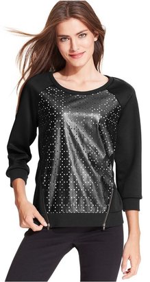 NY Collection Petite Pleather Mixed-Media Zippered Sweatshirt